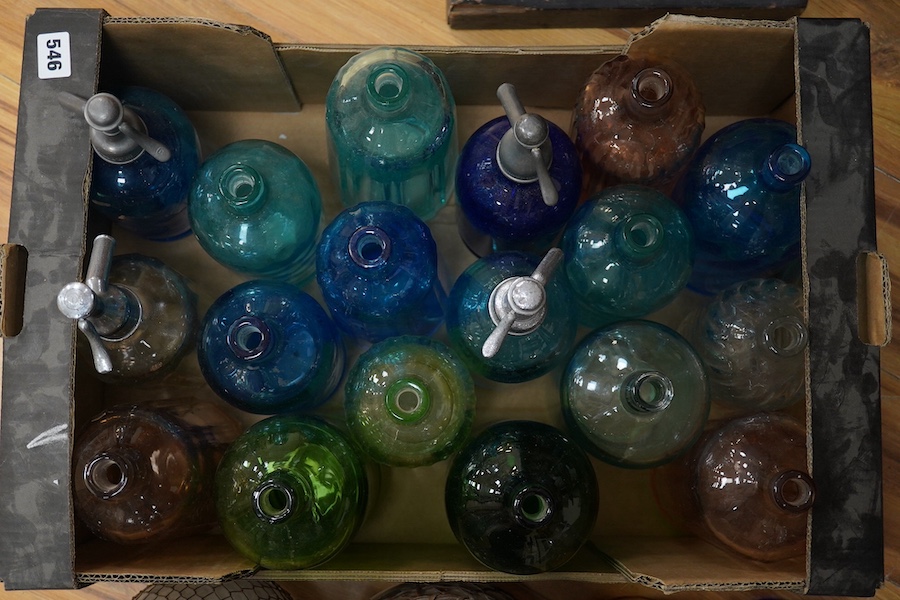 An Edwardian Standard English Seltzogenes double gourd Soda Syphon, one other and a collection of coloured glass bottles. Condition - varies